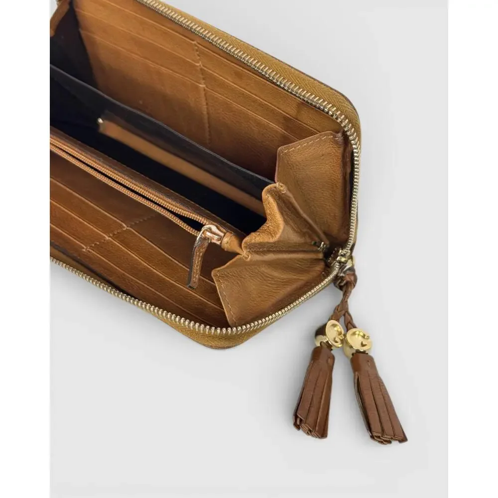 Gucci Brown Leather Tassel Gold GG Zip Around Wallet